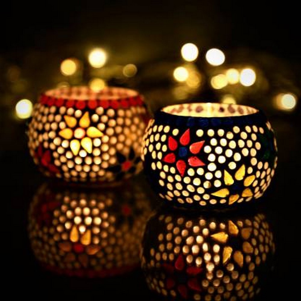 Mosaic Glass Tea Light Holders – Set of 2