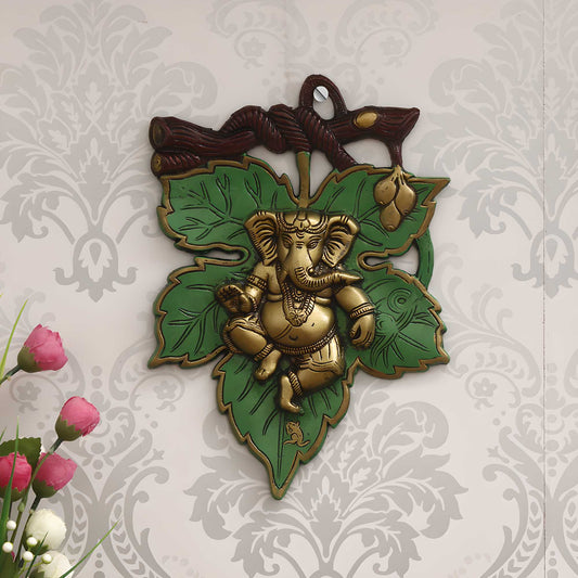 Dancing Lord Ganesha on Green Leaf – Metal Wall Hanging