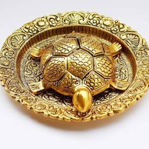 Golden Vastu Tortoise on Glass Plate – Feng Shui Decor