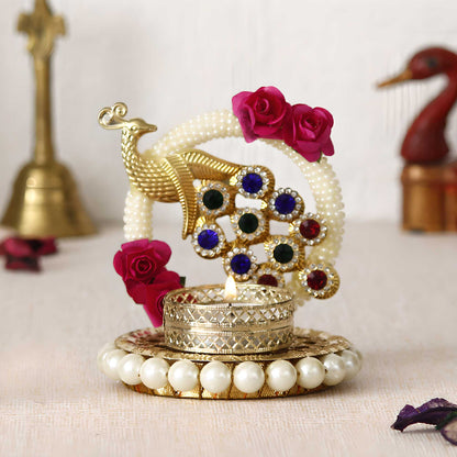 Metal Peacock Tea Light Holder with Stones