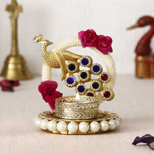 Metal Peacock Tea Light Holder with Stones