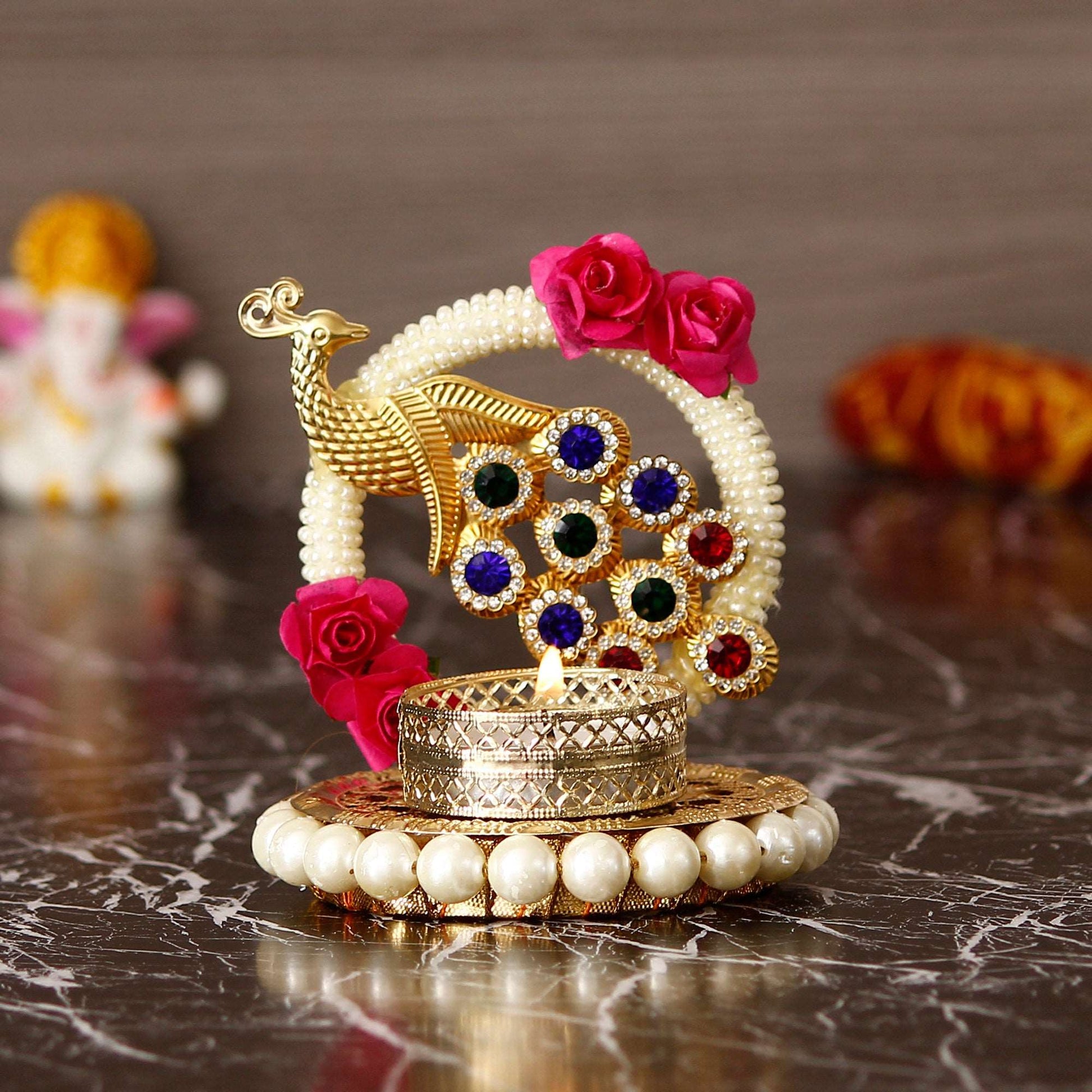 eCraftIndia Metal Peacock With Stones Handcrafted Tea Light Holder