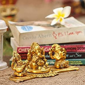 Gold-Plated Lakshmi Ganesh Saraswati Idol with Diya