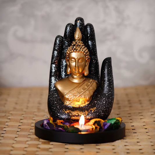 Palm Buddha Handcrafted Showpiece with Fragrance Petals & Tealight