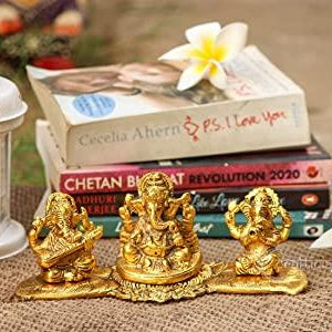 Gold-Plated Lakshmi Ganesh Saraswati Idol with Diya