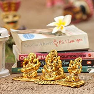 Gold-Plated Lakshmi Ganesh Saraswati Idol with Diya